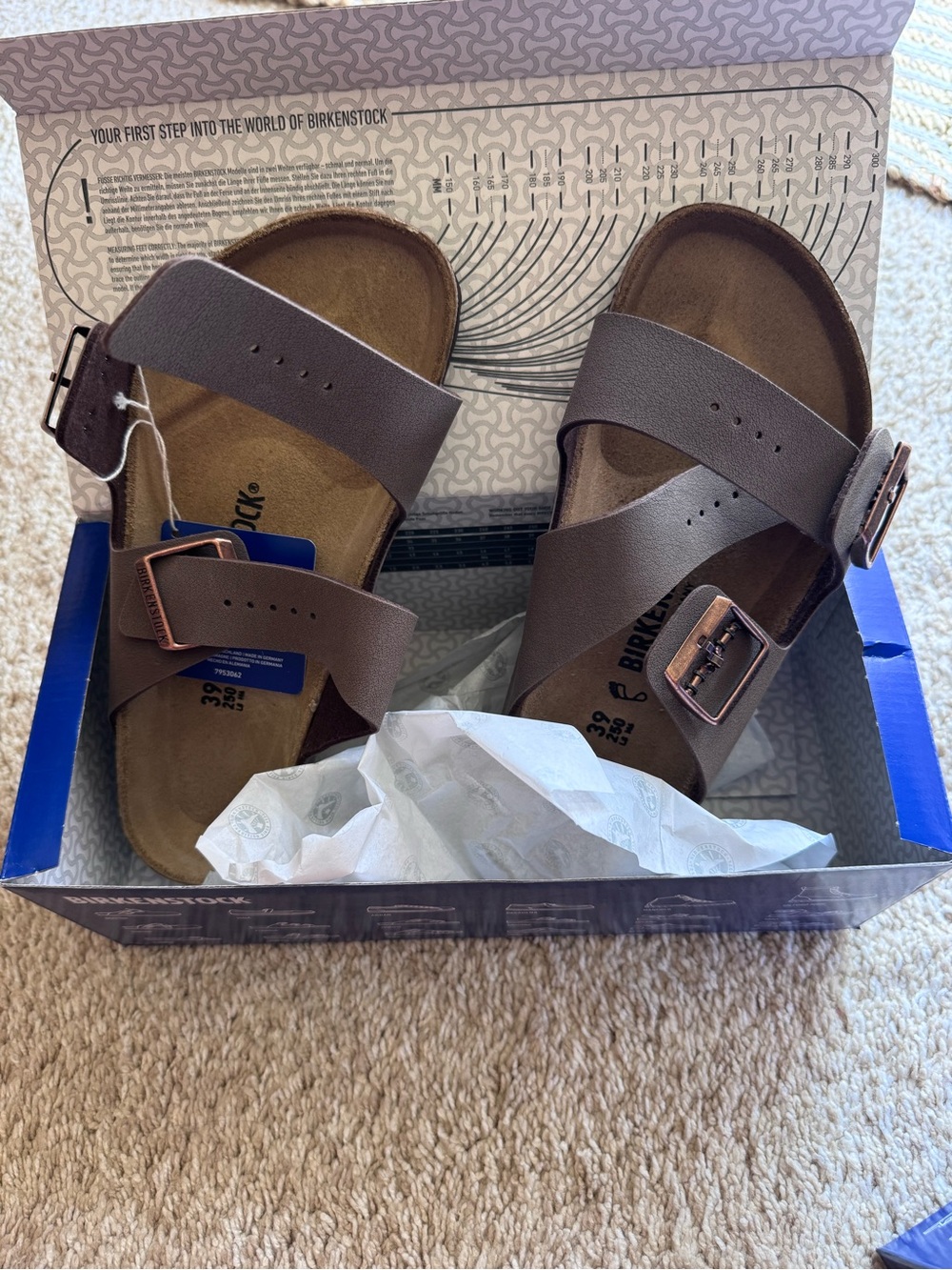 Birkenstock Arizona Two-Strap Sandal in Brown with Copper Buckles - new in box! - Picture 12 of 13